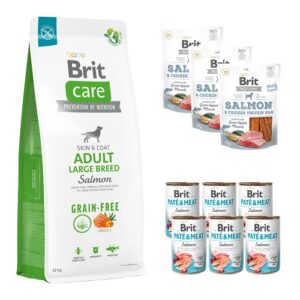 Compleet Maandpakket Brit care adult large salmon 12kg / tray natvoer/ 3 snacks