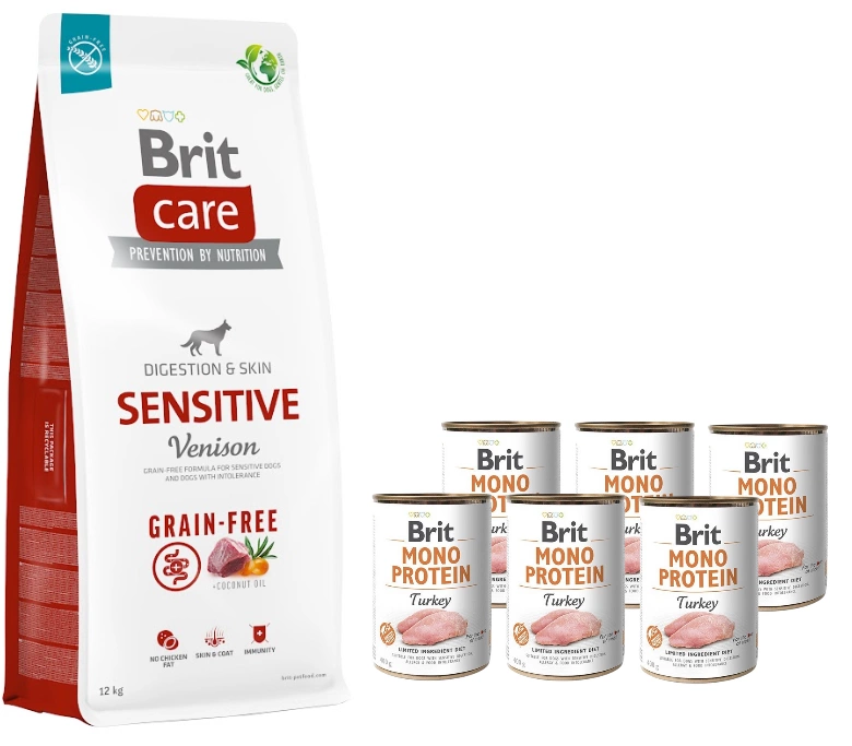 Brit Care - Dog - Grain-free Sensitive -12 kg + 6x400gr mono protein kalkoen