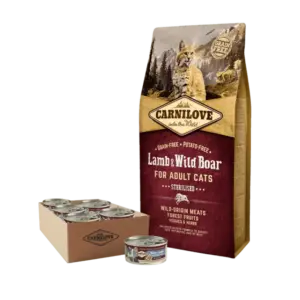 Carnilove Lamb & Wild Boar Sterilised 6 kg + 12×100 g Natvoer Turkey/Salmon bundeldeal