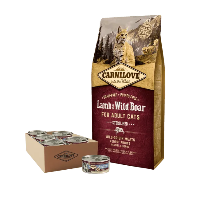 Carnilove Lamb & Wild Boar Sterilised 6 kg + 12×100 g Natvoer Turkey/Salmon bundeldeal