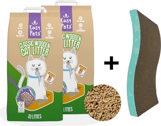 Easypets Kattenbakvulling Houtkorrel 2 x 10KG + Easypets Krabkarton Turquoise